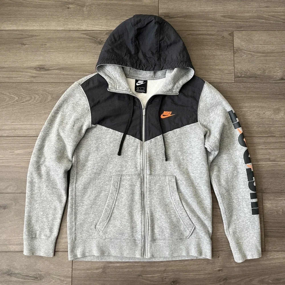 Nike Just Do It Mens S Full Zip Hoodie Sweatshirt Gray Orange Swoosh